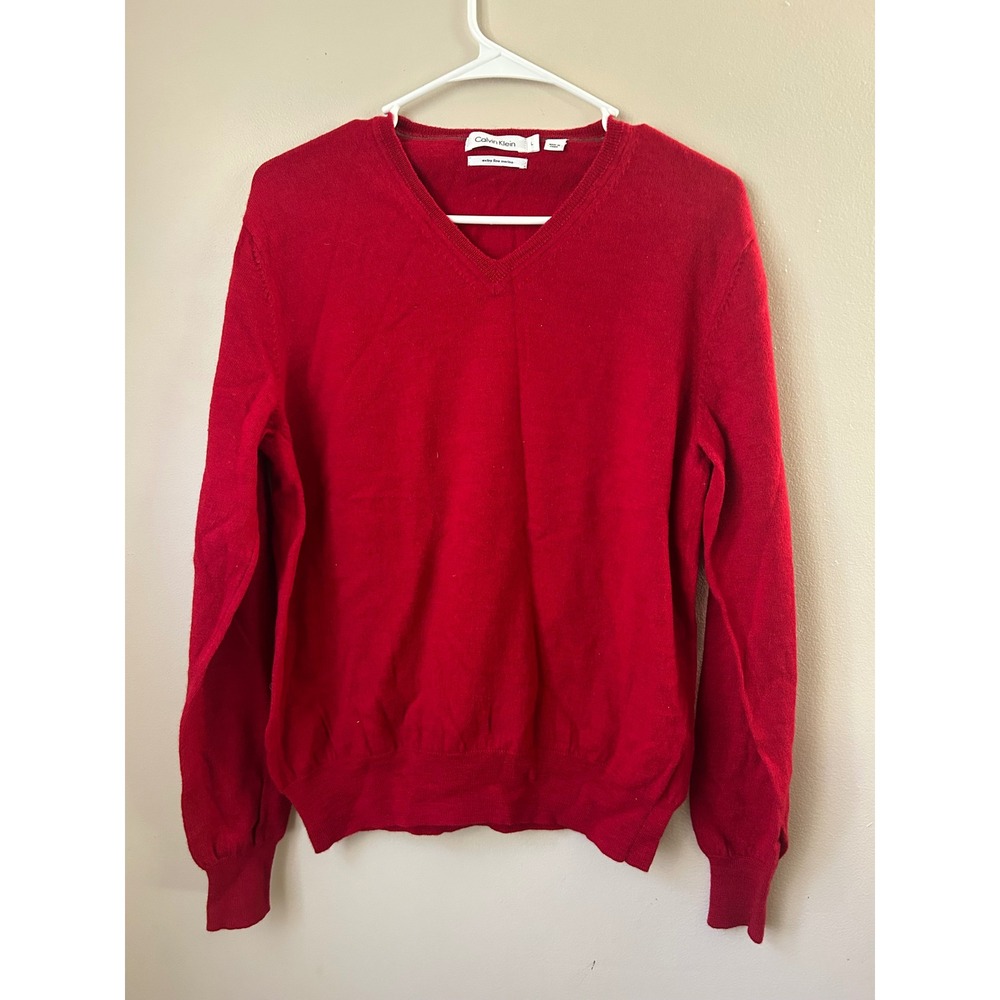 Calvin Klein Red V Neck Merino Wool‎ Sweater Men's Large Holiday Classic Preppy